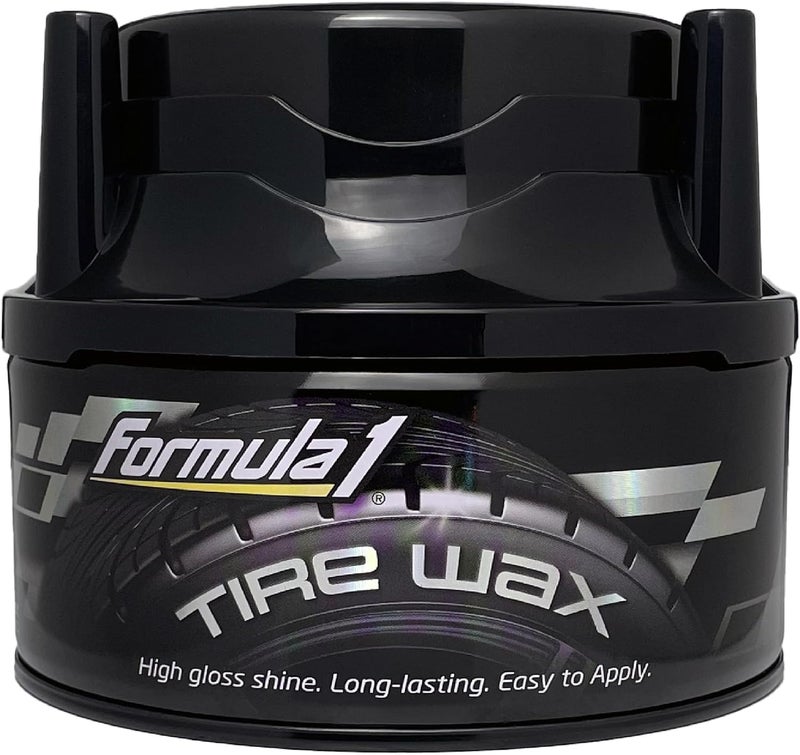 Formula 1 شمع إطارات فورمولا 1 - جل إطارات طويل الأمد للإطارات السوداء اللامعة، مقاوم للماء، مناسب أيضًا للزخارف البلاستيكية والمصدات السوداء، مع ملحق رغوي، 283 جرام - Image 1