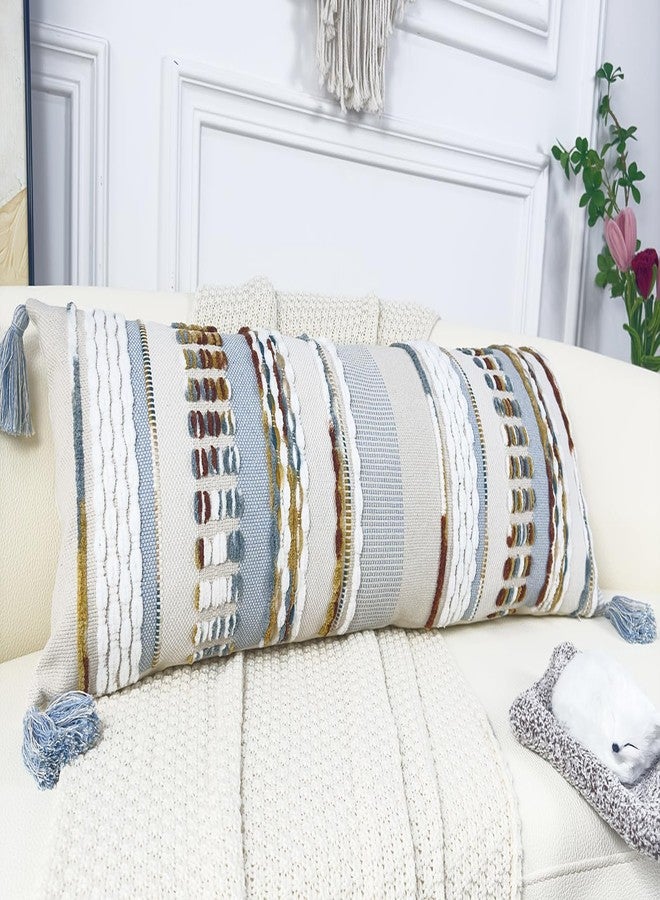 NUYECY Chenille and Cotton Long Pillow for Bed, Striped Textured Boho Lumbar Throw Pillow Cover 14x36, Neutral Accent Decorative Extra Long Body Pillow Case for Couch, Sofa, Bedroom, Light Blue - Image 1