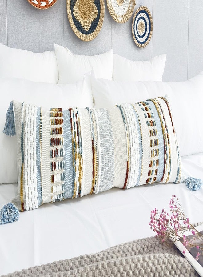NUYECY Chenille and Cotton Long Pillow for Bed, Striped Textured Boho Lumbar Throw Pillow Cover 14x36, Neutral Accent Decorative Extra Long Body Pillow Case for Couch, Sofa, Bedroom, Light Blue - Image 3