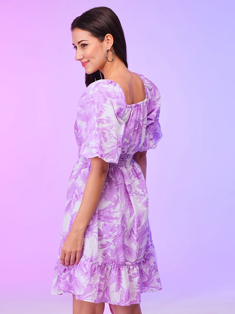 globus Women Lavender Wrap Neck Balloon Sleeves Floral Print Fit & Flare Summer Dress