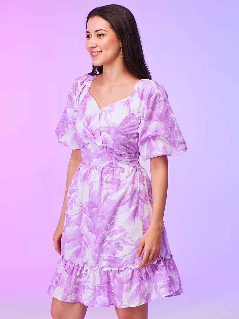 globus Women Lavender Wrap Neck Balloon Sleeves Floral Print Fit & Flare Summer Dress