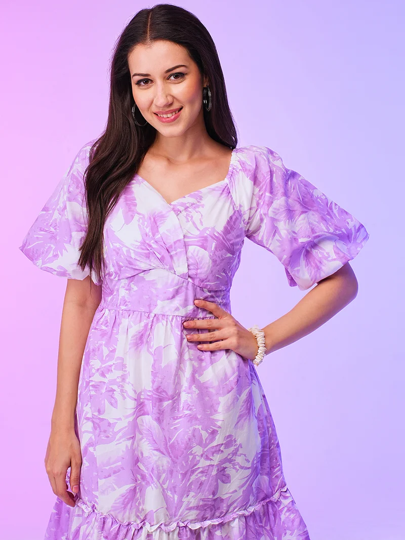 globus Women Lavender Wrap Neck Balloon Sleeves Floral Print Fit & Flare Summer Dress