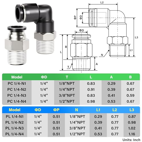 TAILONZ PNEUMATIC Elbow and Straight Combination 1/4 Inch Tube OD x 1/8 Inch NPT Thread Push to Connect Fittings PC-1/4-N1+PL-1/4-N1(Pack of 12) - Image 2