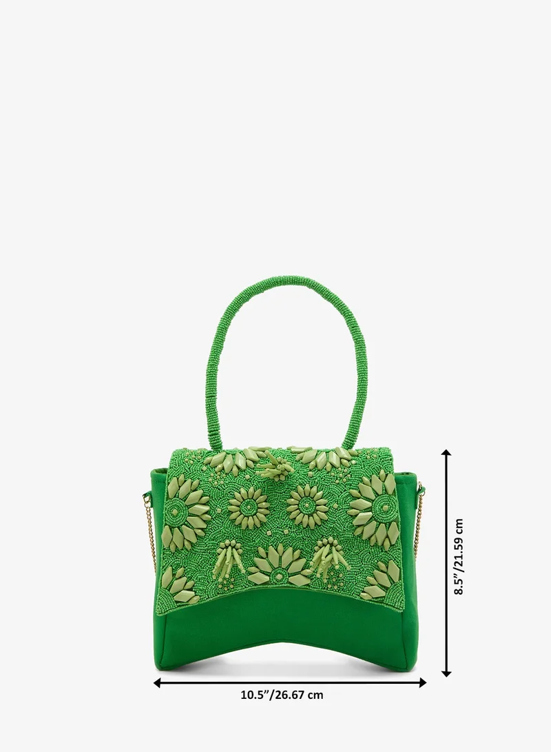 Ginger Boutique Green Embroidered Beaded Floral Crossbody With Top Handle for Women | Best Price UAE