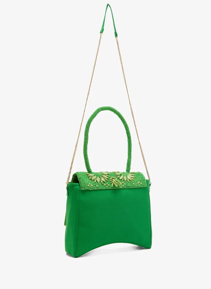 Ginger Boutique Green Embroidered Beaded Floral Crossbody With Top Handle for Women | Best Price UAE