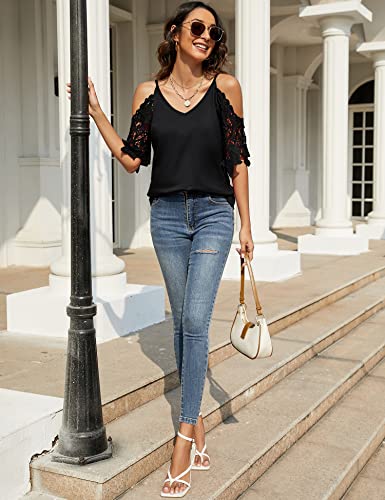 TFSDOD Women Short Sleeve Cold Shoulder T-Shirt Tops Blouses V Neck Cutout Lace Half Sleeve Loose Tee Shirt Top Blouse Black Medium - Image 5