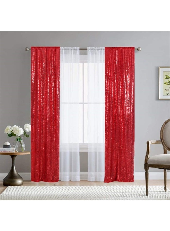 SquarePie Sequin Backdrop Curtain Non-Transparent Sparkly Background for Wedding Party 2FT x 8FT Red 2 Panel - Image 2