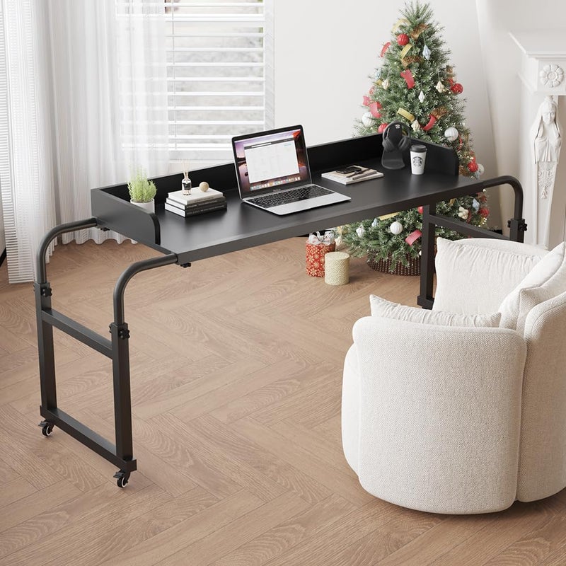 LINGMI Overbed Table with Wheels Bed Desk Recliner Table Adjustable Height Laptop Table Queen King Size Over The Bed Table with Wheels Heavy Duty Metal Leg Laptop Desk for Recliner