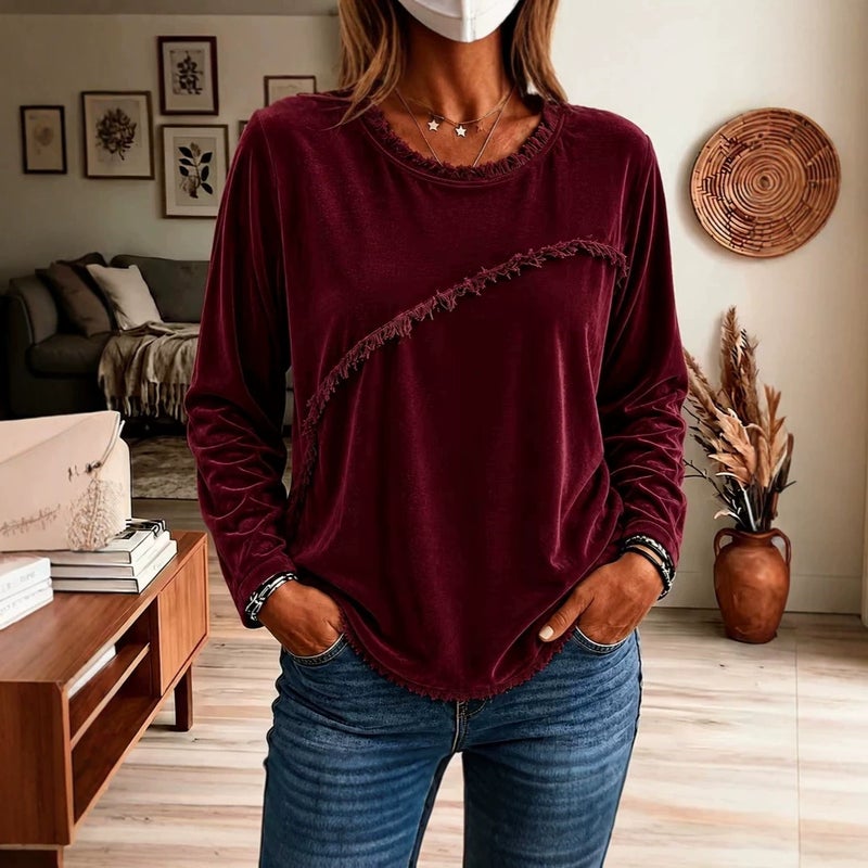 Velvet Patchwork Fringe Round Neck Long Sleeve T-Shirt - Image 3