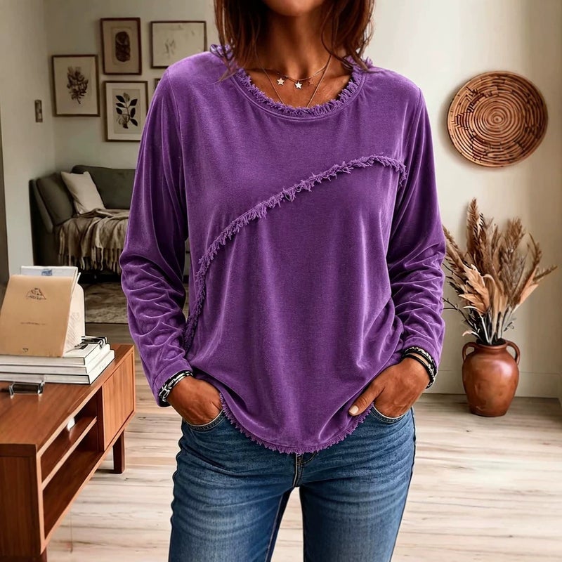 Velvet Patchwork Fringe Round Neck Long Sleeve T-Shirt - Image 4