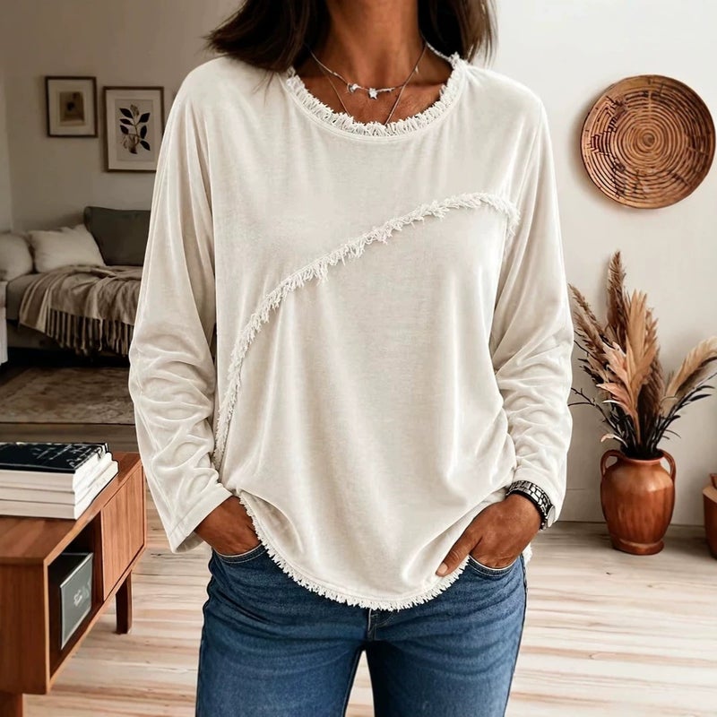 Velvet Patchwork Fringe Round Neck Long Sleeve T-Shirt - Image 2