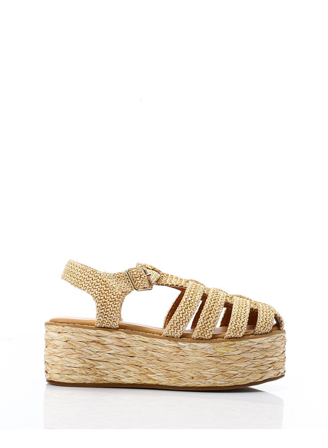 Raffia Effect Cage Wedge Sandals - Natural Beige