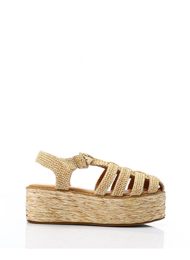 DejaVu Raffia Effect Cage Wedge Sandals - Natural Beige  - Image 1