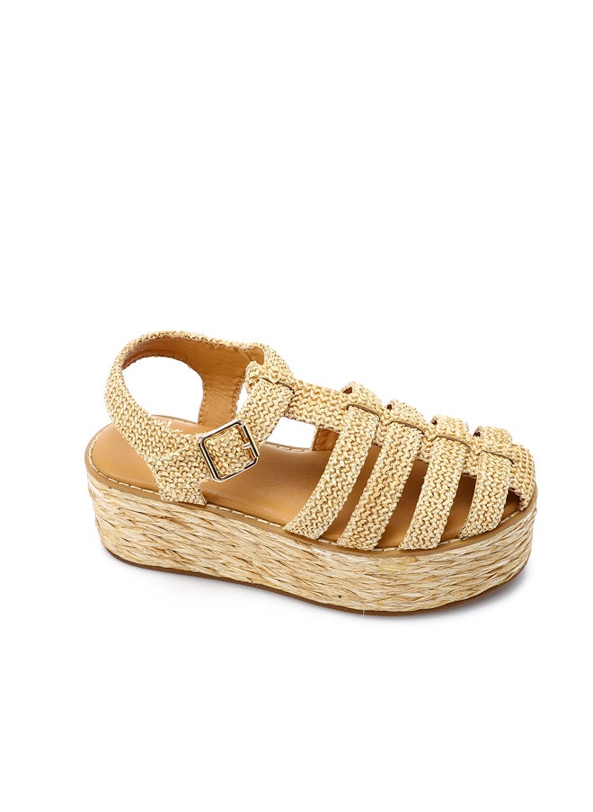 DejaVu Raffia Effect Cage Wedge Sandals - Natural Beige  - Image 5