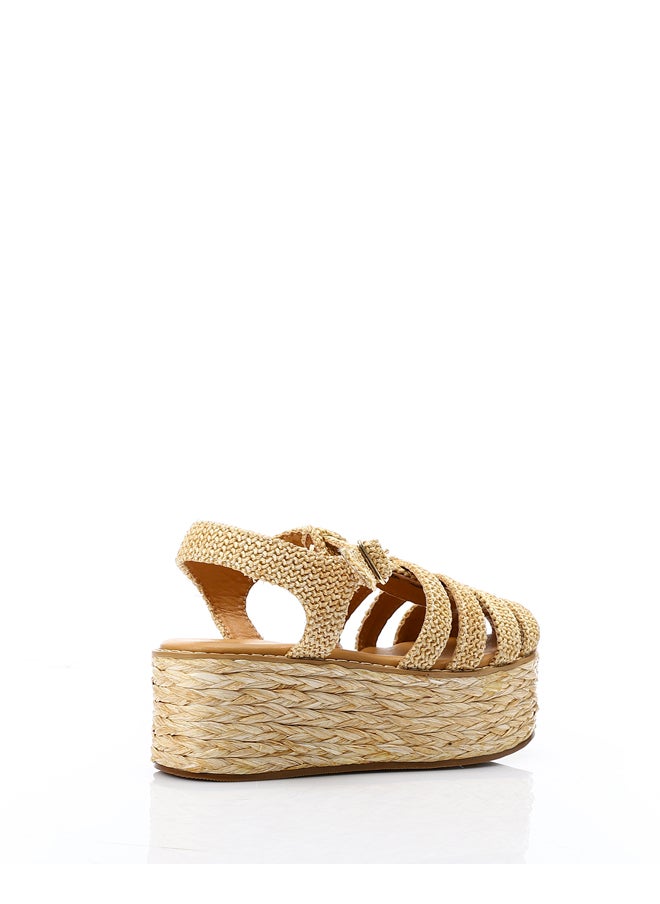 DejaVu Raffia Effect Cage Wedge Sandals - Natural Beige  - Image 2