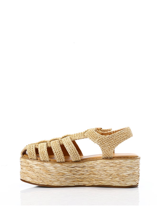 DejaVu Raffia Effect Cage Wedge Sandals - Natural Beige  - Image 3