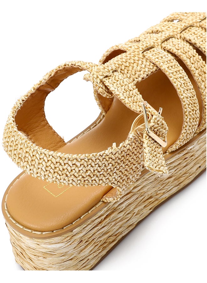 DejaVu Raffia Effect Cage Wedge Sandals - Natural Beige  - Image 4