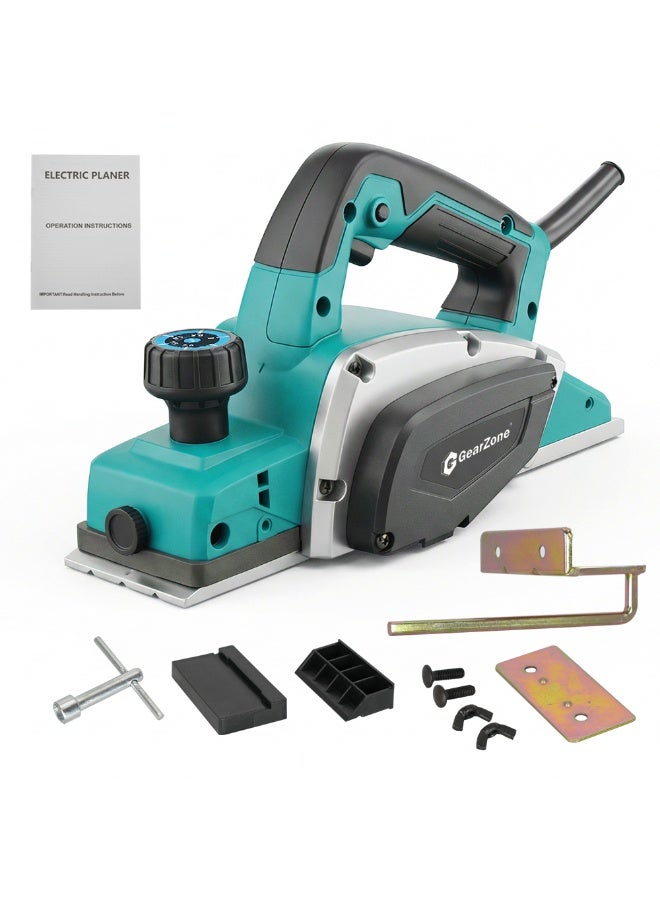GearZone Electric Hand Planer 3-1/4" Cutting Width Corded, 1000W 15000RPM,  High-Speed Powerful Handheld for Woodworking, Wood DIY, Smooth Finish Carpentry Tool-Blue - Image 1