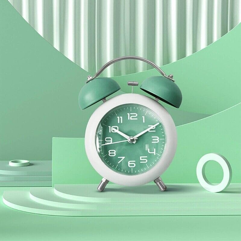 HVG TRADERS Alloy Steel Glass Twin Bell Edition Vintage Look with Night Led Display Table Light for Student for Kids Bedroom Alarm Digital Clock Home Decor Matt Clock Pack of 1 Green - Image 5