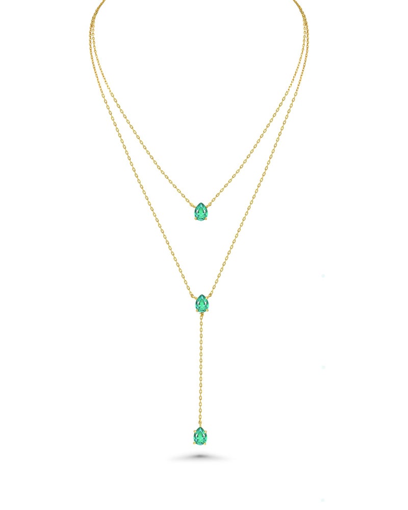 SNGIA Long 18K Gold Plated Blue Green Red Layered Pendant Necklace For Women (Emerald, Ruby, Seafoam, Sky, Sapphire, Pink), Dainty Birthstone Necklace, Statement Necklace Jewelry Gifts. - Image 1