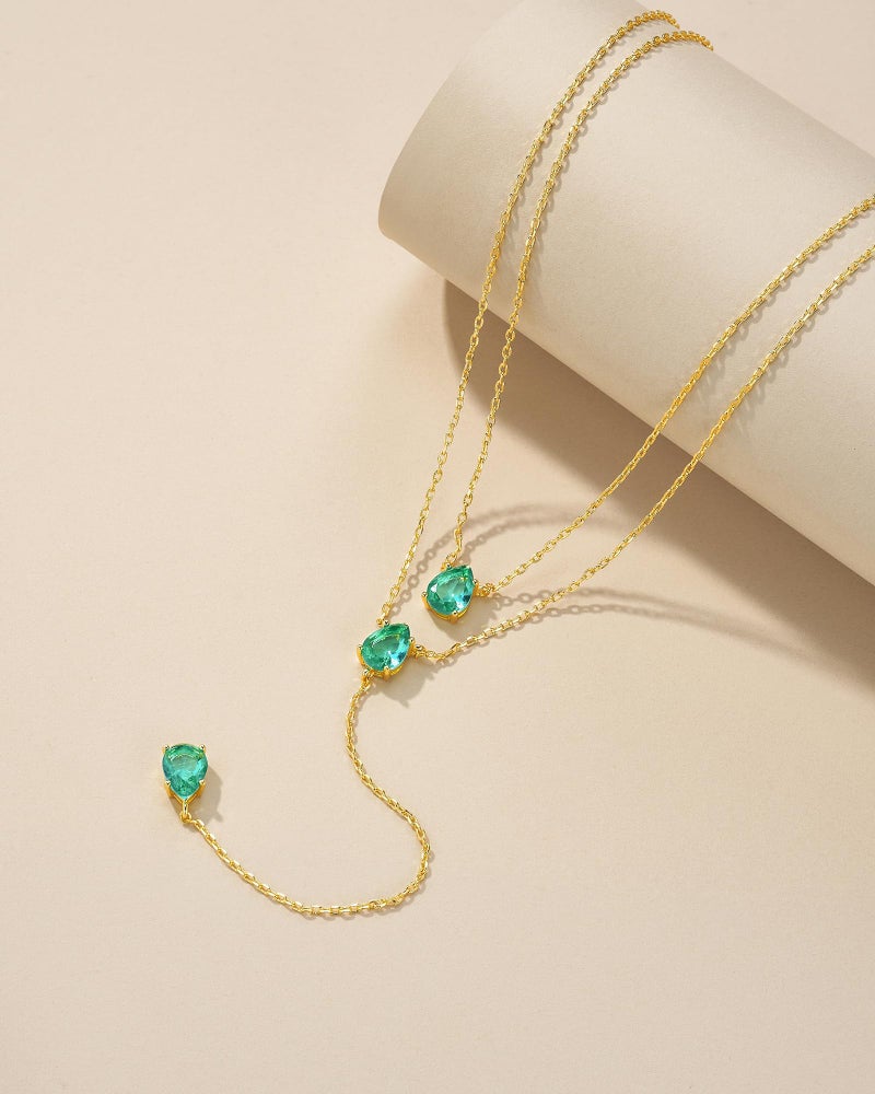 SNGIA Long 18K Gold Plated Blue Green Red Layered Pendant Necklace For Women (Emerald, Ruby, Seafoam, Sky, Sapphire, Pink), Dainty Birthstone Necklace, Statement Necklace Jewelry Gifts. - Image 4