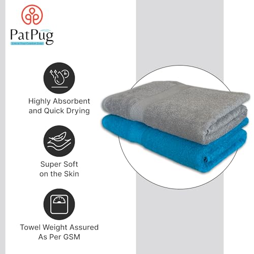 PatPug 100% Indian Ultra Soft Cotton 500 GSM Highly Absorbent, Fade Resistant, Quick Drying Large Bath Towel (Turquoise Blue and Silver Grey) - Image 2