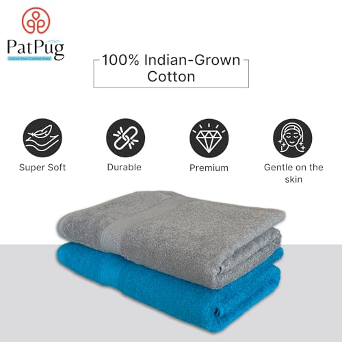 PatPug 100% Indian Ultra Soft Cotton 500 GSM Highly Absorbent, Fade Resistant, Quick Drying Large Bath Towel (Turquoise Blue and Silver Grey) - Image 5