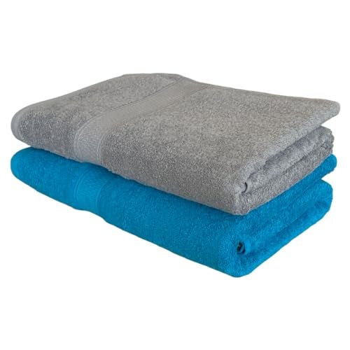 PatPug 100% Indian Ultra Soft Cotton 500 GSM Highly Absorbent, Fade Resistant, Quick Drying Large Bath Towel (Turquoise Blue and Silver Grey) - Image 1