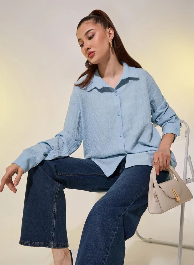 Take Two Take Two Blue Textured Longline Shirt with Spread Collar