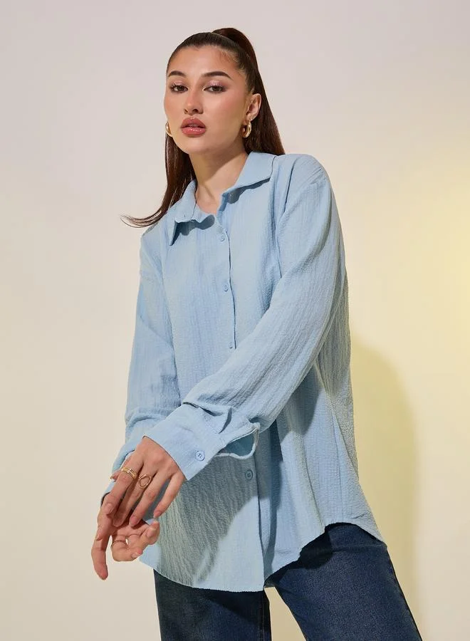 Take Two Take Two Blue Textured Longline Shirt with Spread Collar