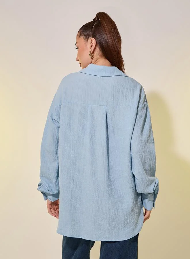 Take Two Take Two Blue Textured Longline Shirt with Spread Collar
