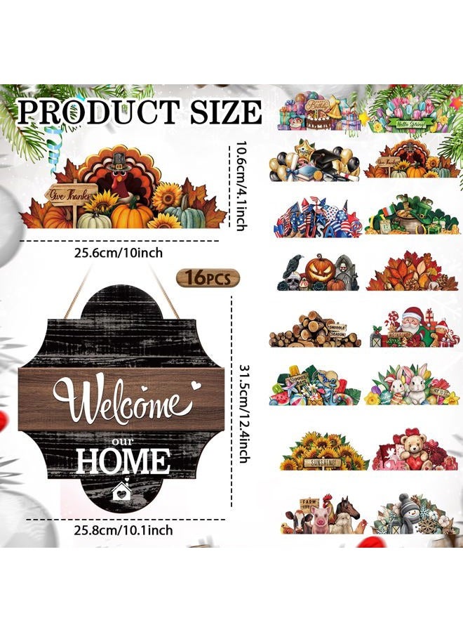 Yousoontic 17 Pcs 12 Inch Magnetic Welcome Door Sign Interchangeable Front Door Decor Rustic Fall Seasonal Hanging Sign Patriotic Halloween Decor for Home Warming Gift (Dark Color, Home) - Image 2