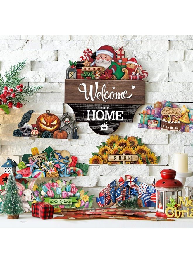 Yousoontic 17 Pcs 12 Inch Magnetic Welcome Door Sign Interchangeable Front Door Decor Rustic Fall Seasonal Hanging Sign Patriotic Halloween Decor for Home Warming Gift (Dark Color, Home) - Image 5