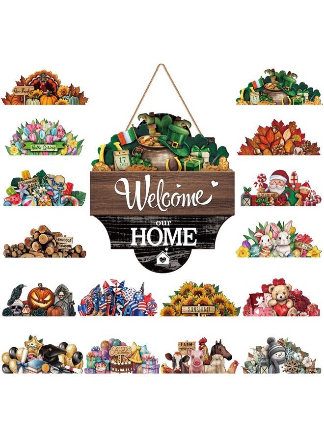Yousoontic 17 Pcs 12 Inch Magnetic Welcome Door Sign Interchangeable Front Door Decor Rustic Fall Seasonal Hanging Sign Patriotic Halloween Decor for Home Warming Gift (Dark Color, Home) - Image 1