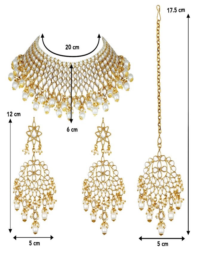 Peora Gold Plated White Pearl Kundan Choker Necklace with Earring Maang Tikka Traditional Ethnic Bridal Jewellery Set for Women - Image 5