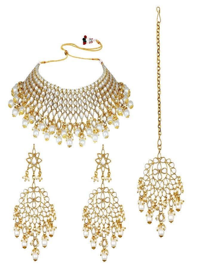Peora Gold Plated White Pearl Kundan Choker Necklace with Earring Maang Tikka Traditional Ethnic Bridal Jewellery Set for Women - Image 1