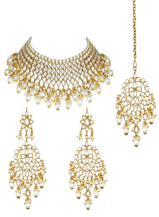 Peora Gold Plated White Pearl Kundan Choker Necklace with Earring Maang Tikka Traditional Ethnic Bridal Jewellery Set for Women - Image 4