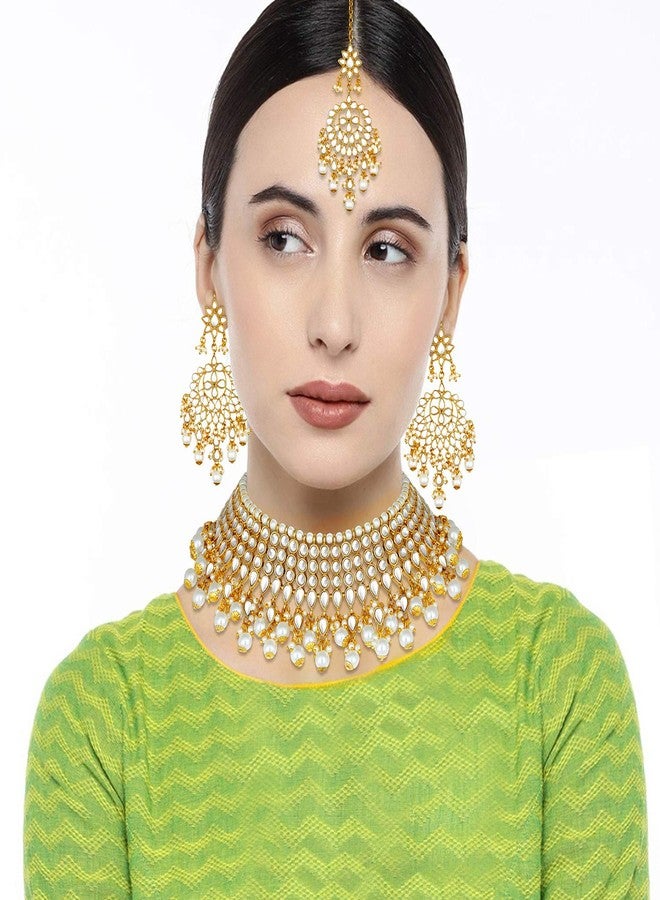 Peora Gold Plated White Pearl Kundan Choker Necklace with Earring Maang Tikka Traditional Ethnic Bridal Jewellery Set for Women - Image 2