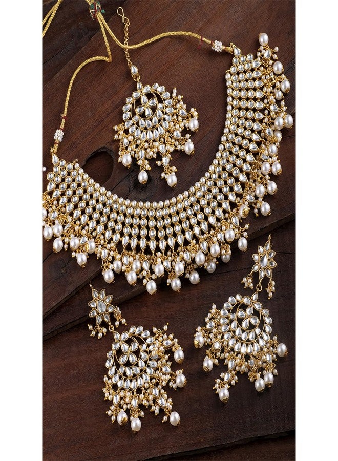 Peora Gold Plated White Pearl Kundan Choker Necklace with Earring Maang Tikka Traditional Ethnic Bridal Jewellery Set for Women - Image 3
