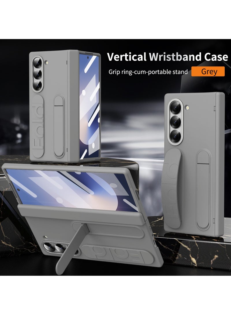 Samsung Galaxy ZFold 6 Stand Case with Hand Strap and Hinge Protection Screen Protector, Raised Edge Cover for ZFold 6（Gray） - Image 1
