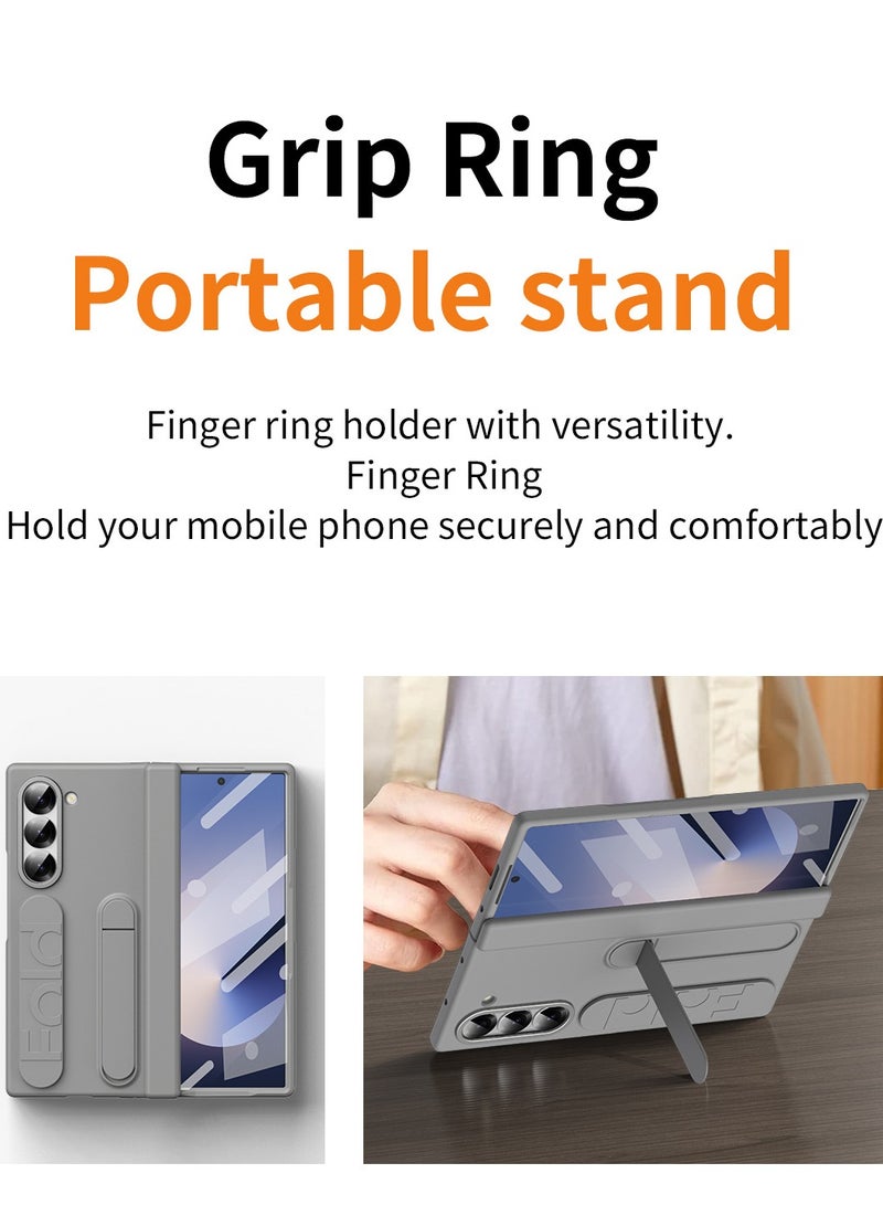 Samsung Galaxy ZFold 6 Stand Case with Hand Strap and Hinge Protection Screen Protector, Raised Edge Cover for ZFold 6（Gray） - Image 2