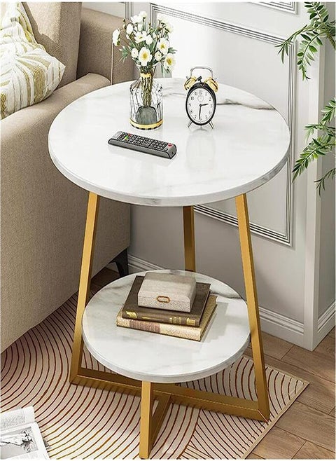 Double Layer Round End Table Marble Like Side Table Coffee Table Sofa Table Bedside Table For Living Room Small Space White