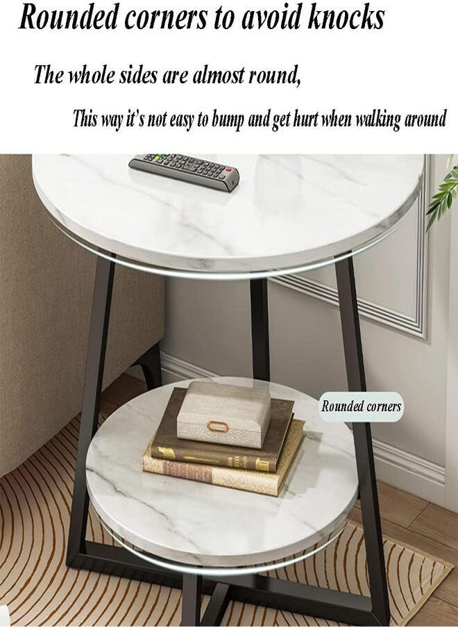 Double Layer Round End Table Marble Like Side Table Coffee Table Sofa Table Bedside Table For Living Room Small Space White