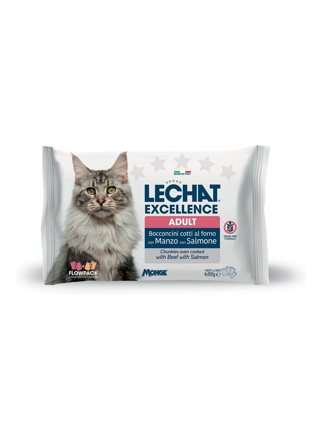 Monge LeChat Excellence Flowpack Pouches Adult chunkies with Beef and with Salmon 4*100g