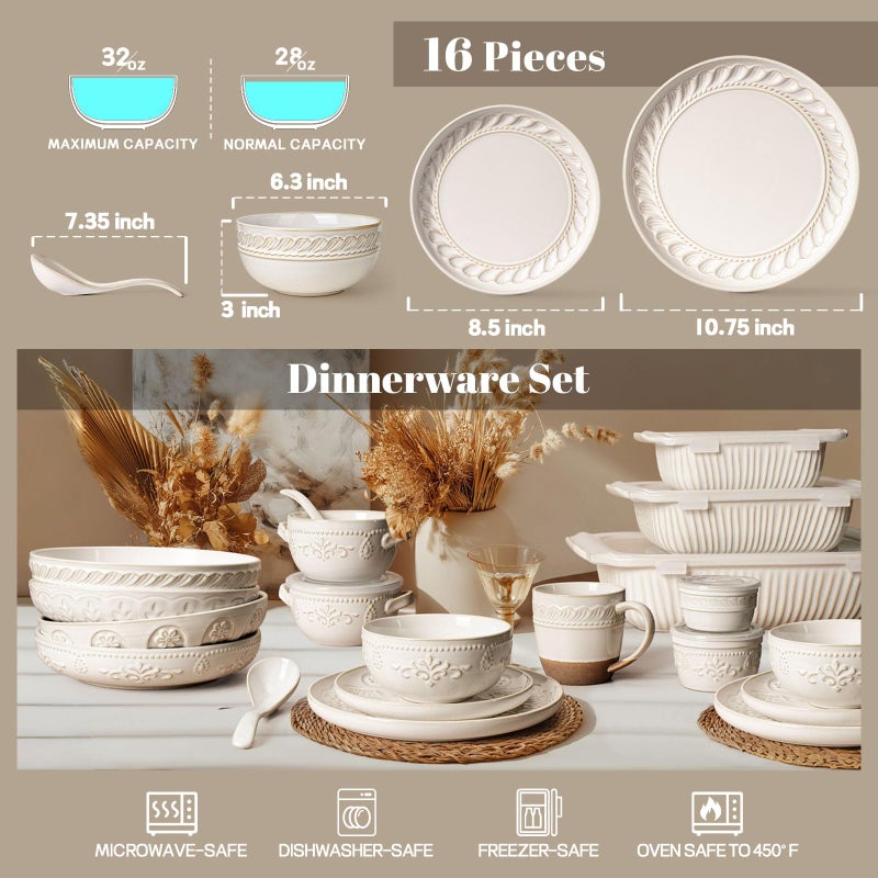Artena Plates And Bowls Sets, 16 Pieces Dinnerware Sets, Dish Set For 4, Ceramic Kitchen Bowl And Plate Set, Embossed White Dishware Sets, Dishwasher & Microwave Safe (Willow Leaf) - Image 5