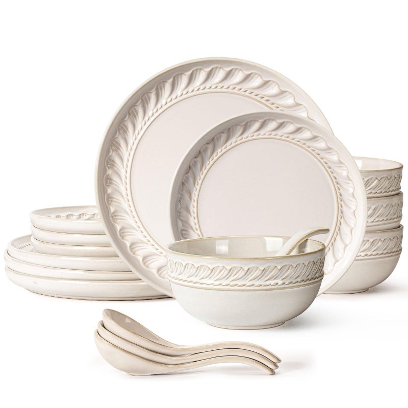 Artena Plates And Bowls Sets, 16 Pieces Dinnerware Sets, Dish Set For 4, Ceramic Kitchen Bowl And Plate Set, Embossed White Dishware Sets, Dishwasher & Microwave Safe (Willow Leaf) - Image 1