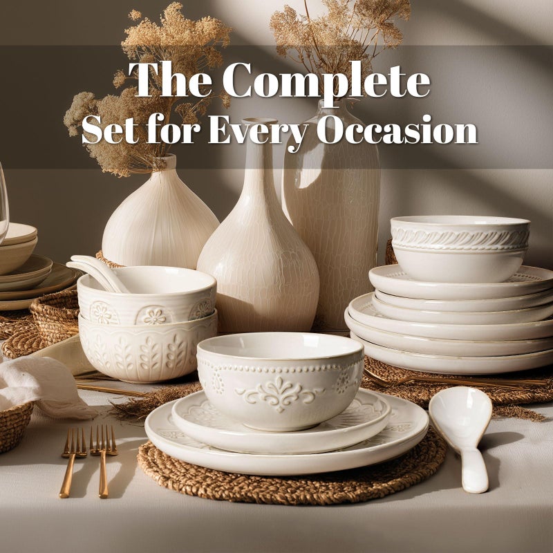 Artena Plates And Bowls Sets, 16 Pieces Dinnerware Sets, Dish Set For 4, Ceramic Kitchen Bowl And Plate Set, Embossed White Dishware Sets, Dishwasher & Microwave Safe (Willow Leaf) - Image 2