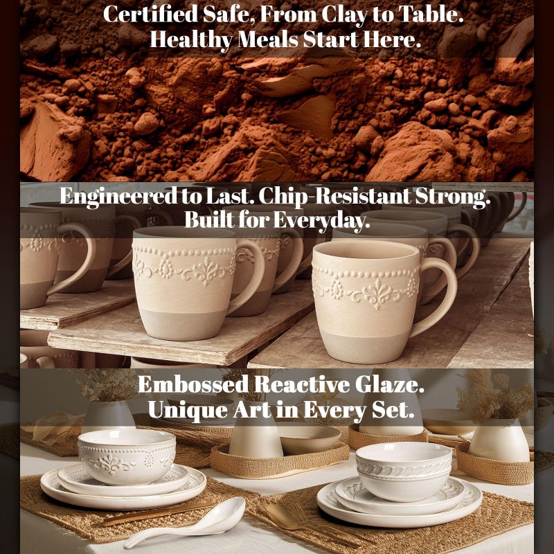 Artena Plates And Bowls Sets, 16 Pieces Dinnerware Sets, Dish Set For 4, Ceramic Kitchen Bowl And Plate Set, Embossed White Dishware Sets, Dishwasher & Microwave Safe (Willow Leaf) - Image 4