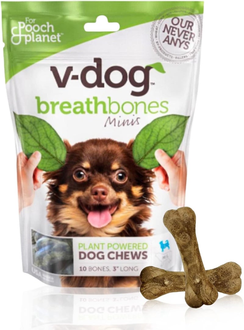 V-dog Dog Treats - Vegan Breathbone Teeth Cleaning Dental Bones - Fresh Breath - 8 Ounces - Minis - All Natural, Made in USA - 10 Bones - 3" Long - Easy to Digest - Image 1