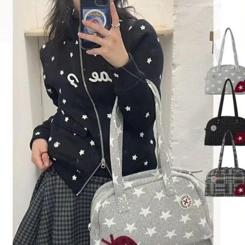 Cute Strawberry Patch Star Plaid Tote Bag